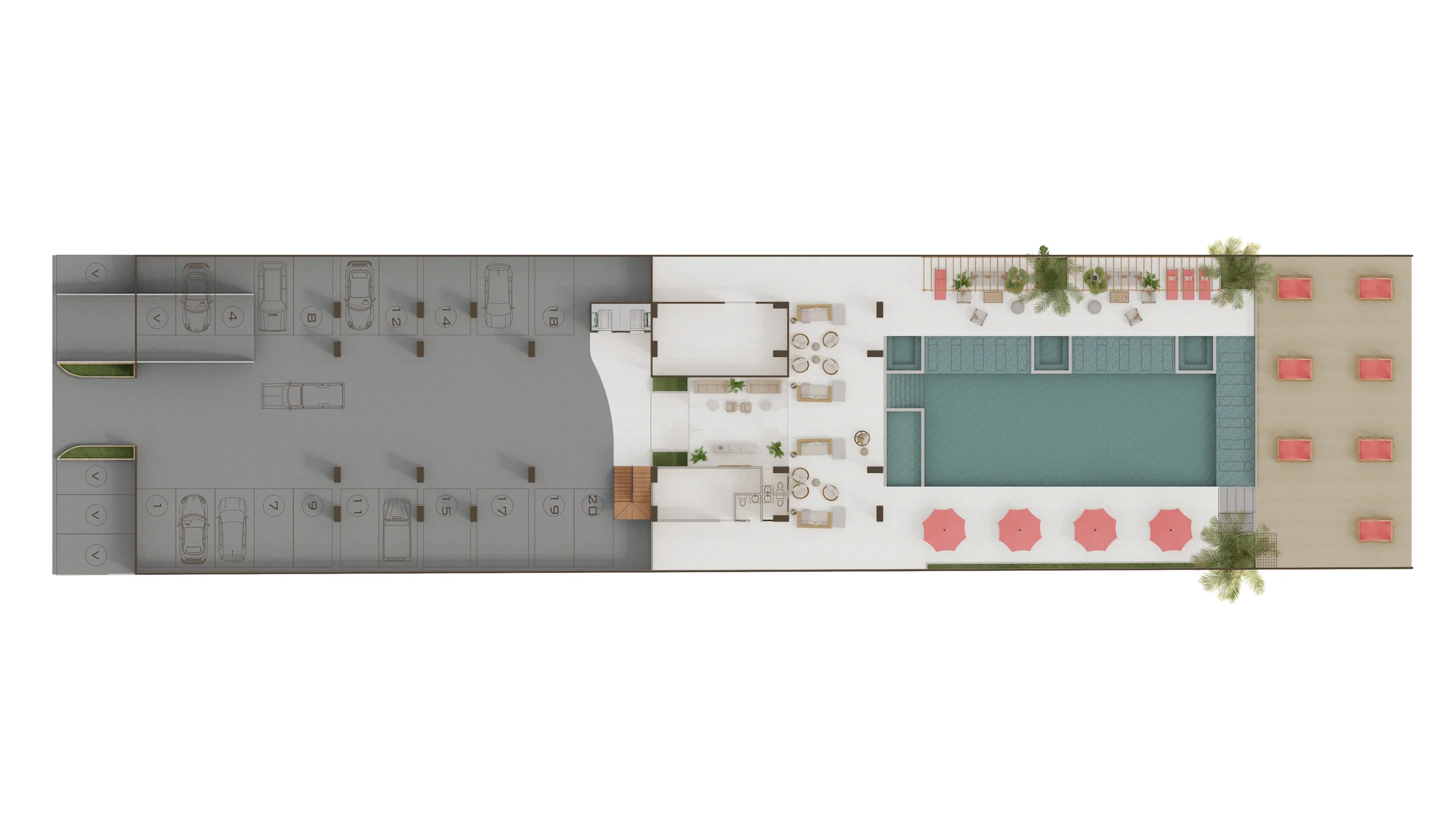 CORALINA — Plano de conjunto: parqueaderos, piscina y playa