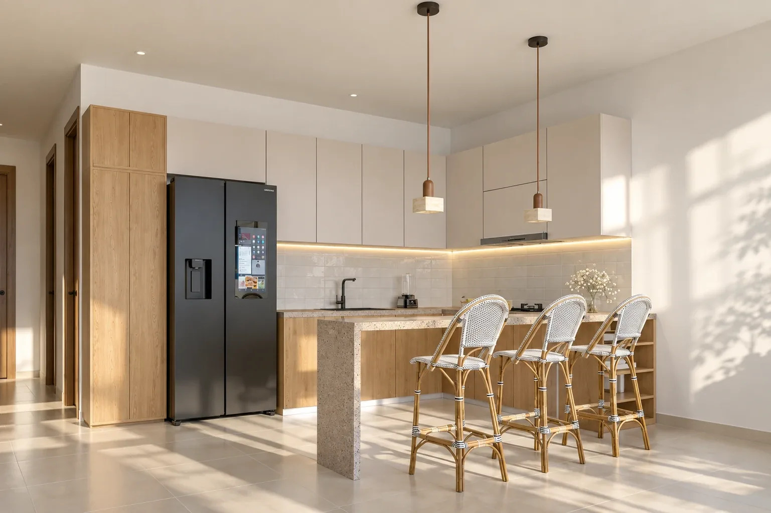PORTO MARINE — Cocina abierta con isla desayunadora · 144 m²